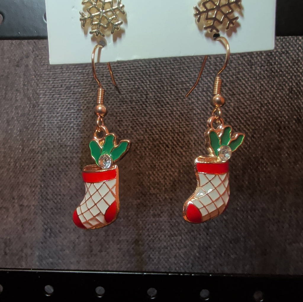 Christmas Stocking Snowflake Earring 2-Pair Set Enamel Gold-Tone Holiday NEW