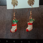 Christmas Stocking Snowflake Earring 2-Pair Set Enamel Gold-Tone Holiday NEW