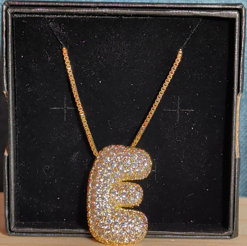 Bubble Letter E Necklace Rhinestone Gold Tone Y2K Vibe