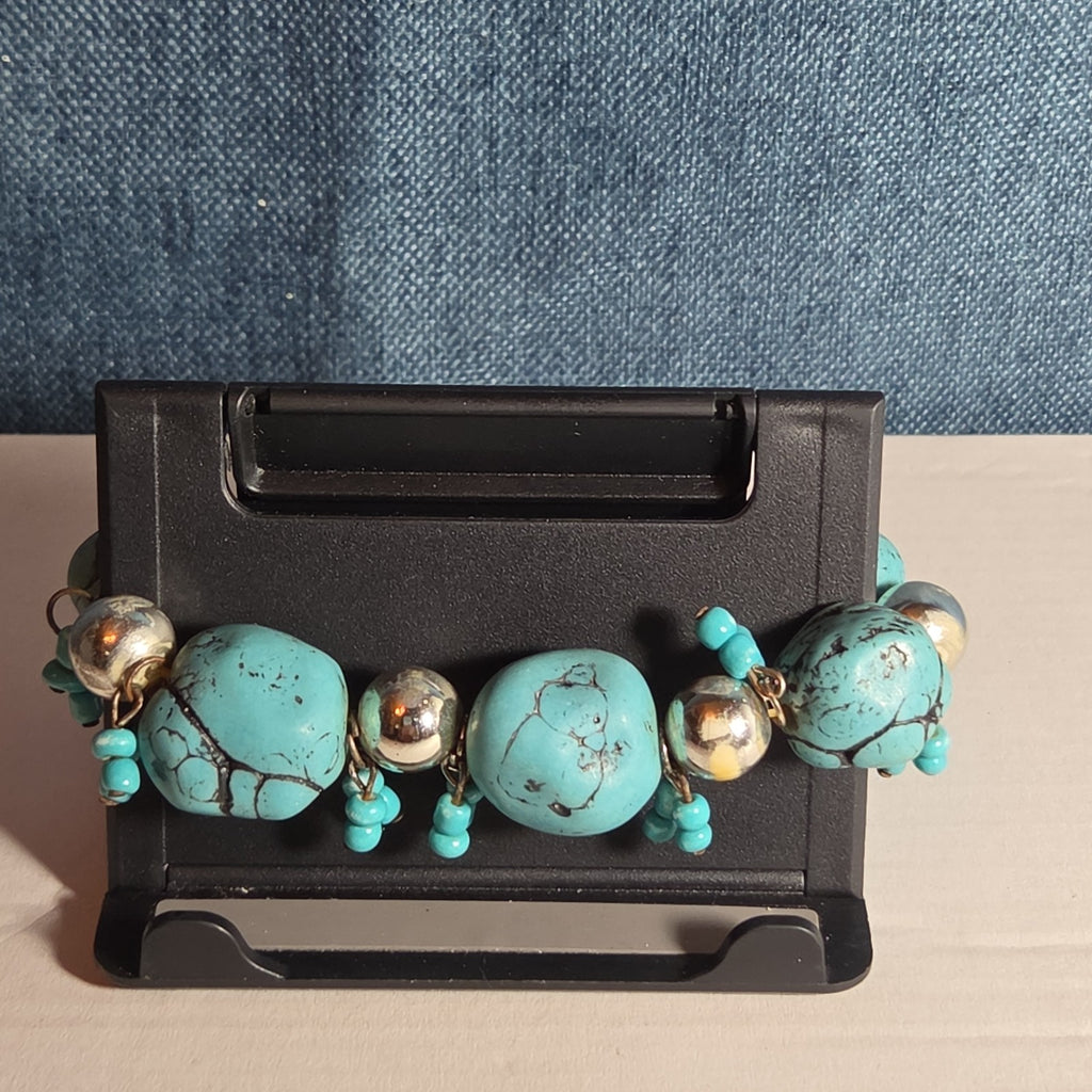 Chunky Faux Turquoise Silver Tone Stretch Bracelet Boho Y2K NWOT