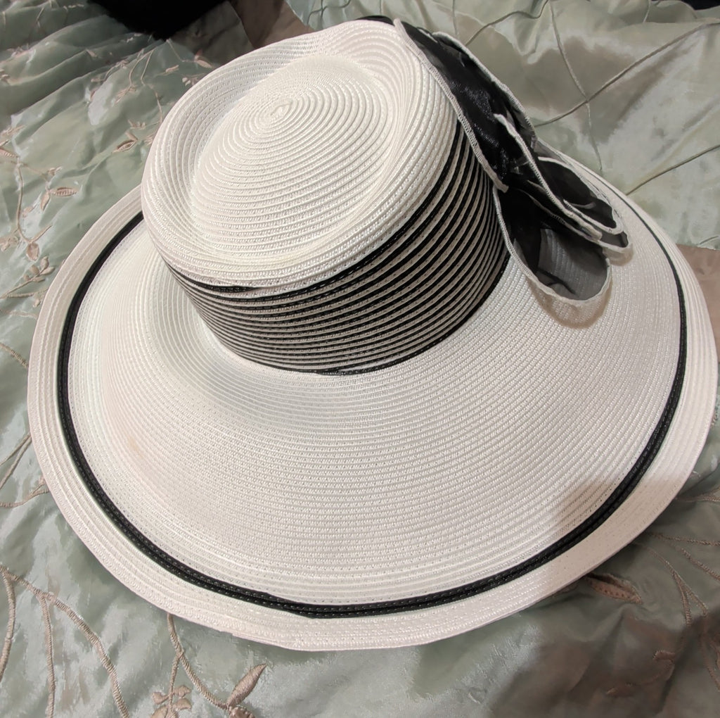 Tuscany Wide Brim Church Derby Dress Hat Black White Flower Bow Ribbon