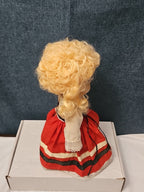 Vintage Heritage Doll Piggy Bank European Folk Costume Blonde Curls Aged Charm
