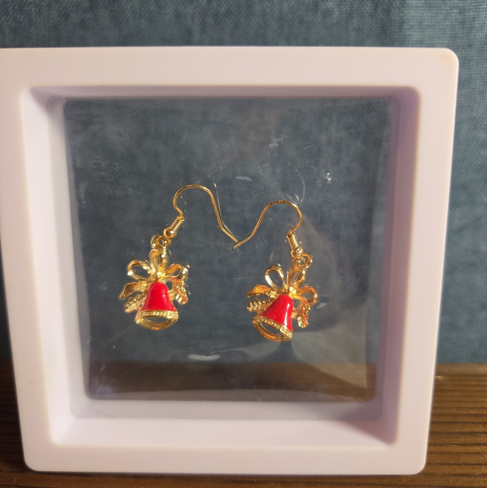 Gold Christmas Bells Drop Earrings 3/4" Red Enamel