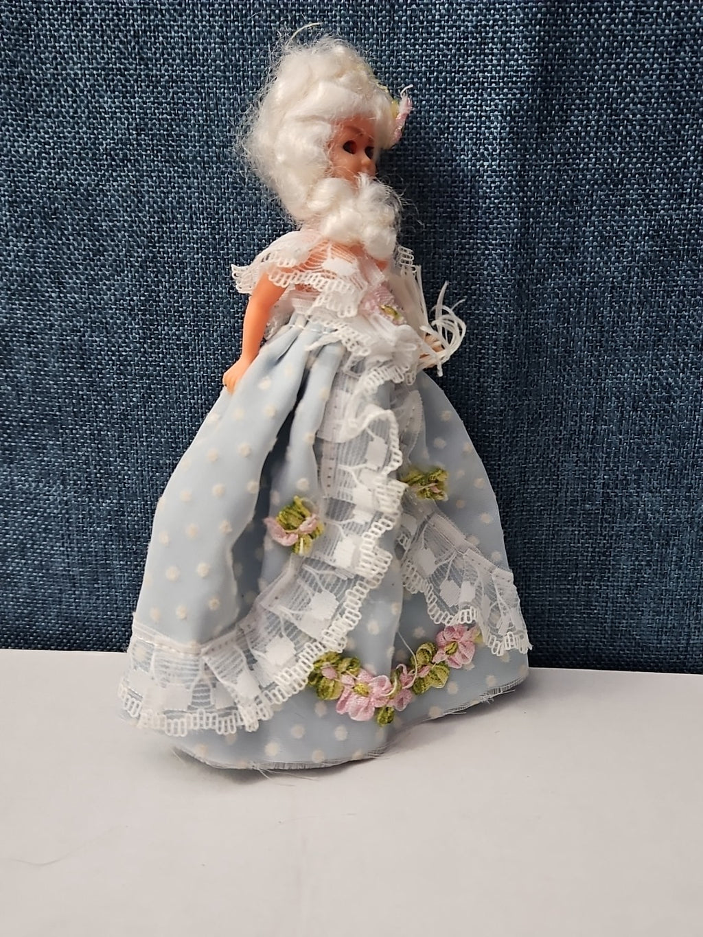 Vintage 5.5" Costume Doll | Blue Polka Dot Rococo Dress | Hard Plastic Souvenir