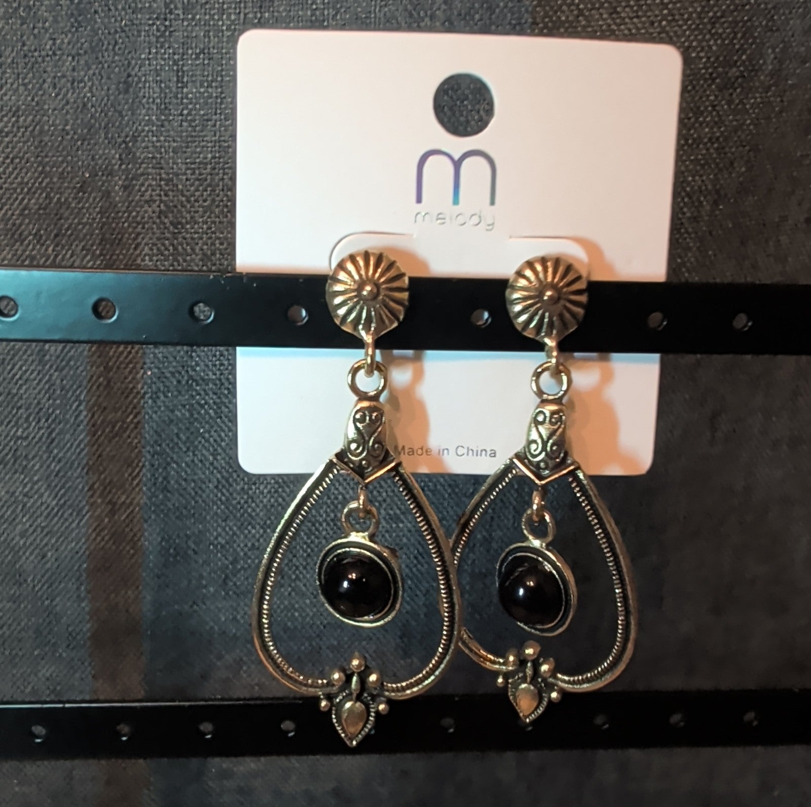 Melody Boho Western Dangle Earrings Gold Tone Black Bead Vintage Vibe