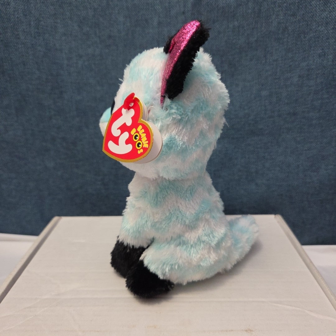 Ty Beanie Boos Atlas Aqua Chevron Fox 6" Plush Blue Glitter Eyes Retired MWMT