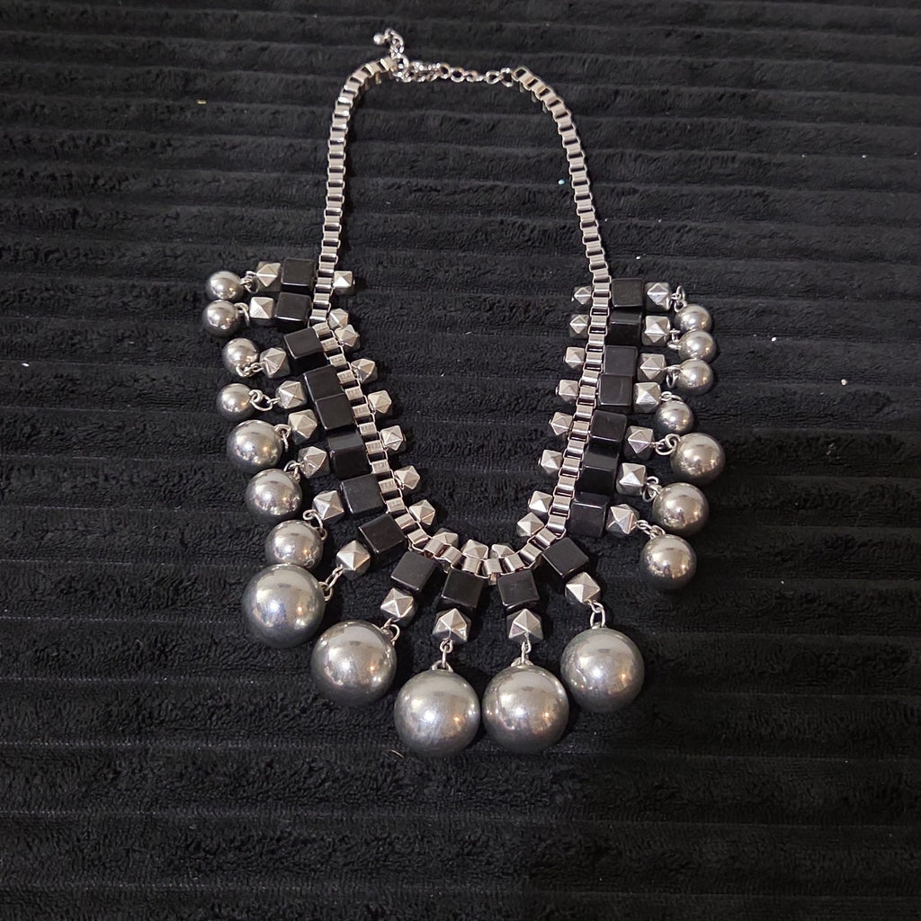 Chunky Silver Bib Statement Necklace Black Cube Cascading Collar Choker Punk Mod
