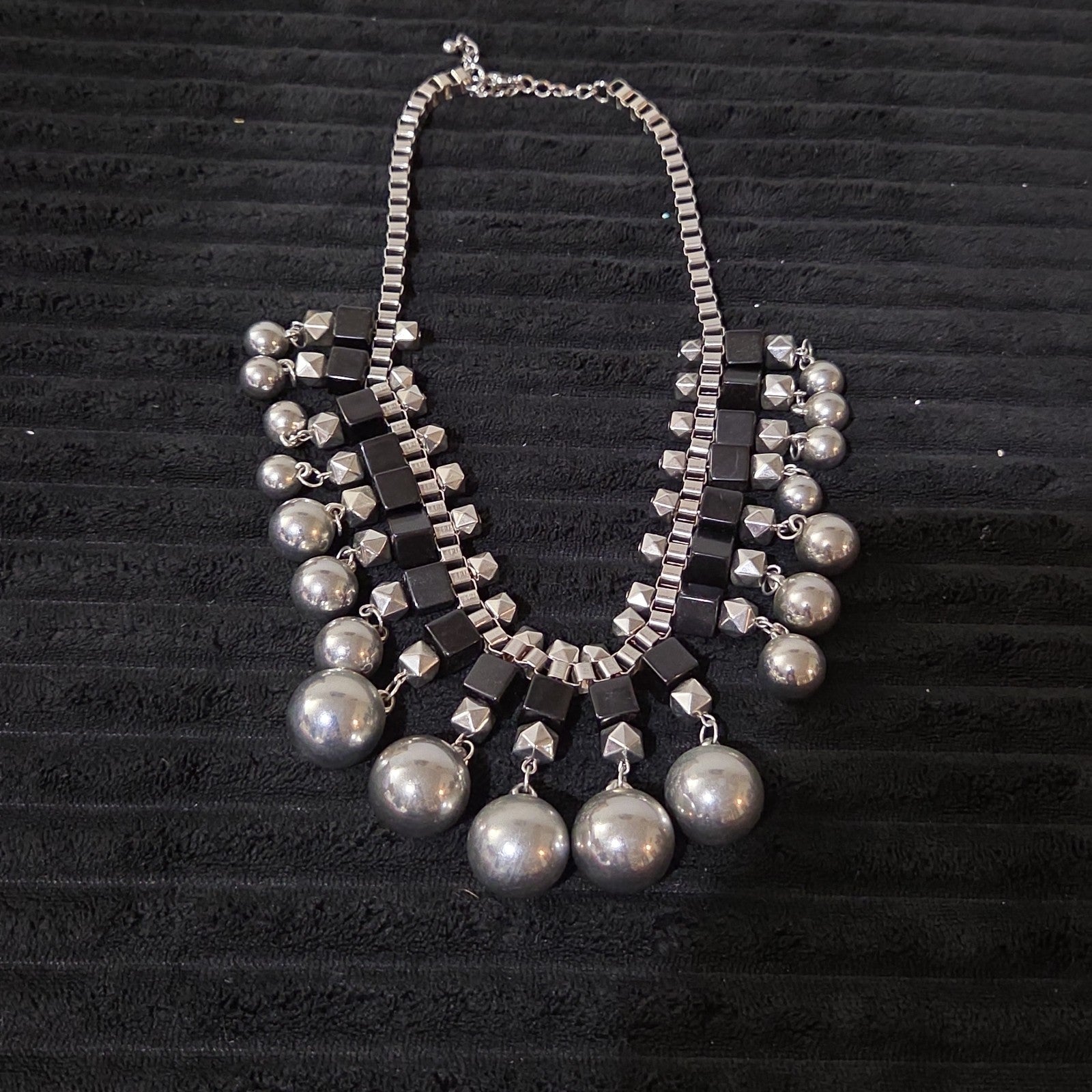 Chunky Silver Bib Statement Necklace Black Cube Cascading Collar Choker Punk Mod