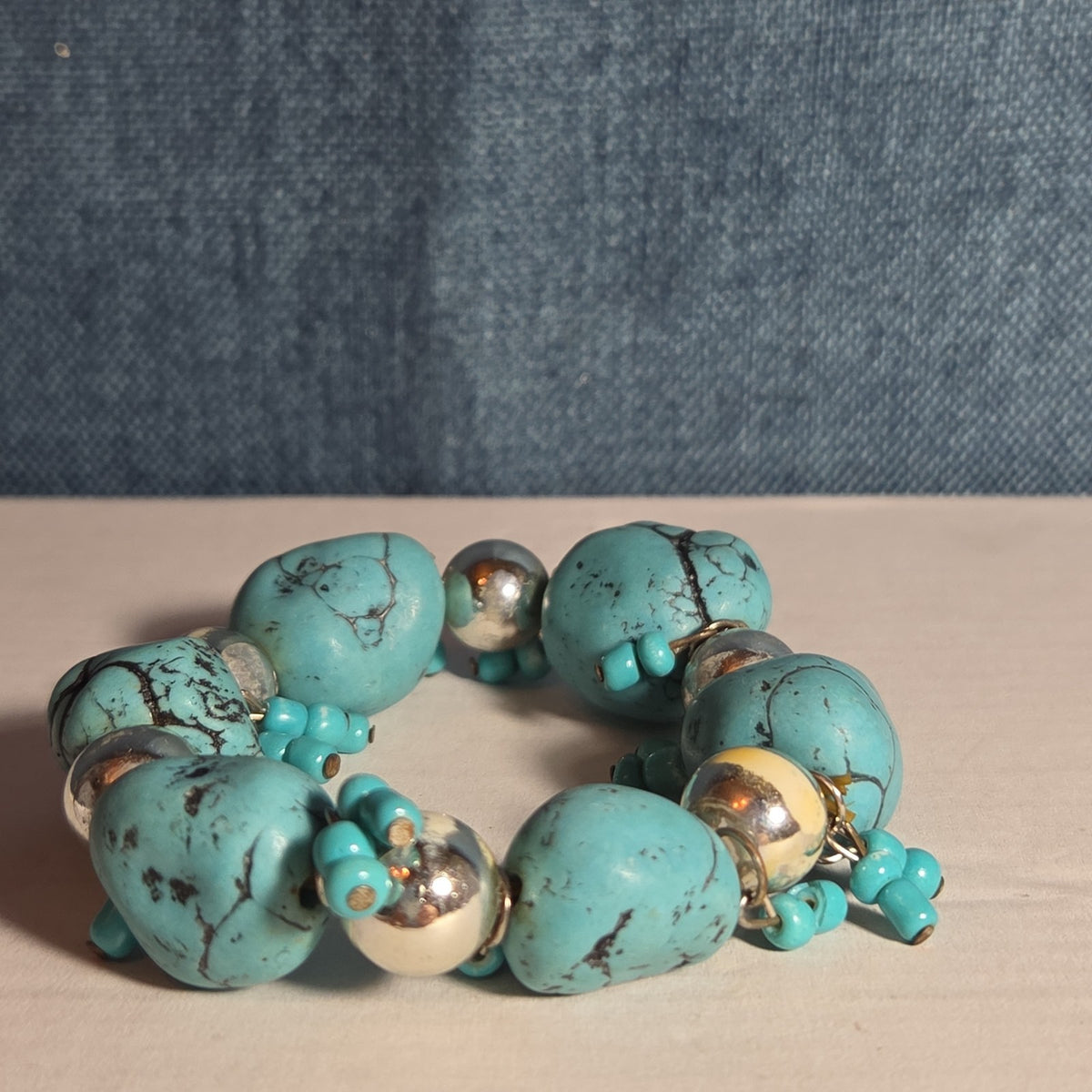 Chunky Faux Turquoise Silver Tone Stretch Bracelet Boho Y2K NWOT