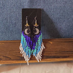Boho Celestial Moon Seed Bead Fringe Dangle Earrings