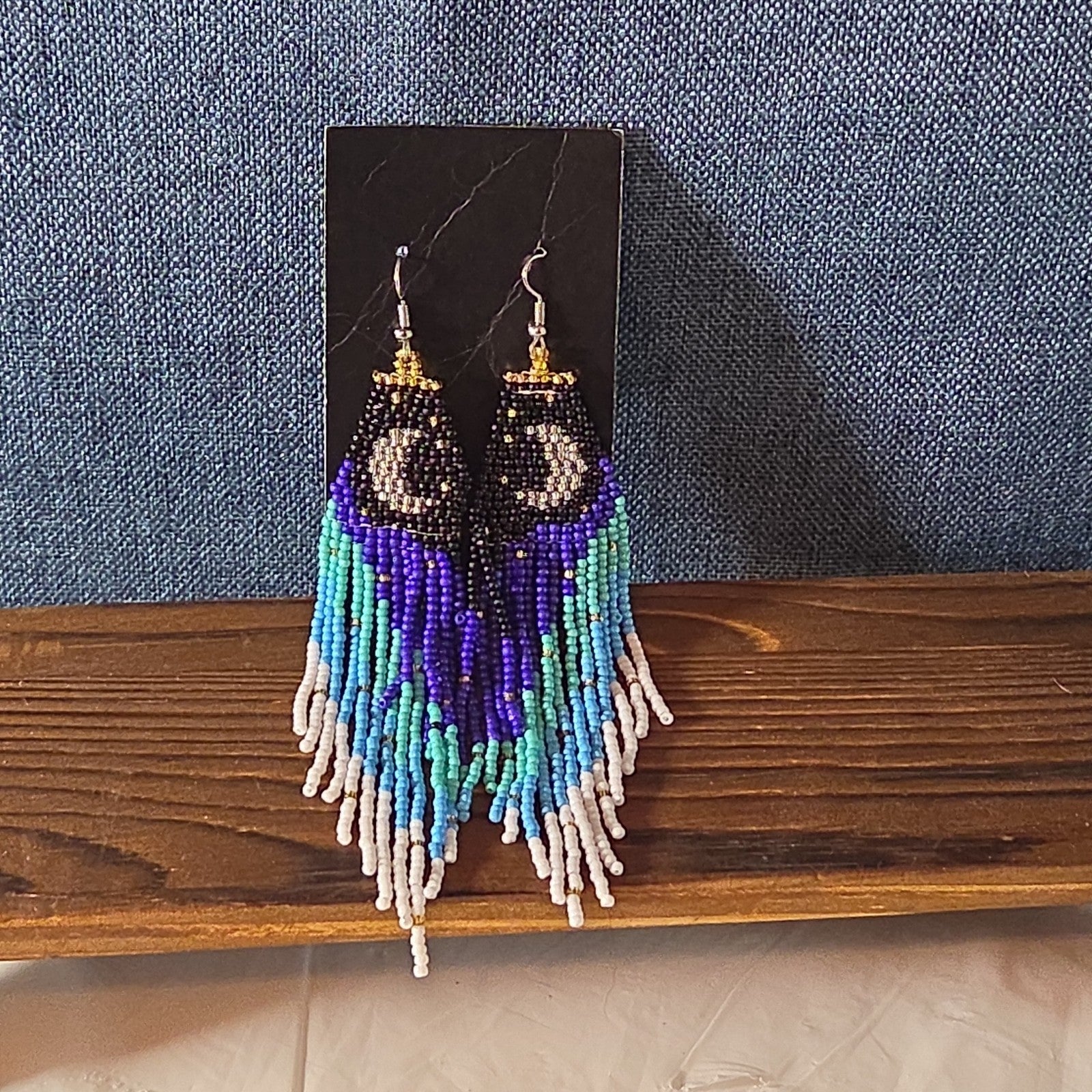 Boho Celestial Moon Seed Bead Fringe Dangle Earrings