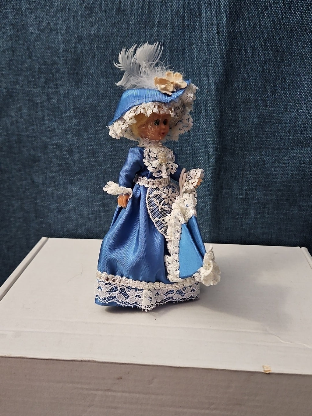 Vintage Brussels Souvenir Doll | 6" Belgium Blue Dress | "Bruxelles" Lace Apron