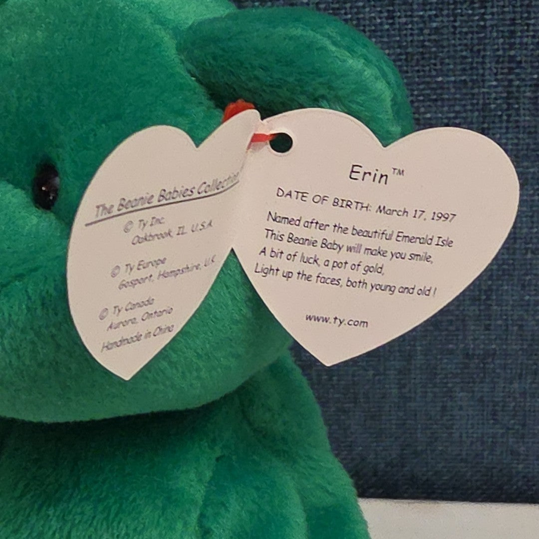 Ty Beanie Baby Erin the Bear 1997 Retired MWMT P.E. Pellets Irish Green Clover