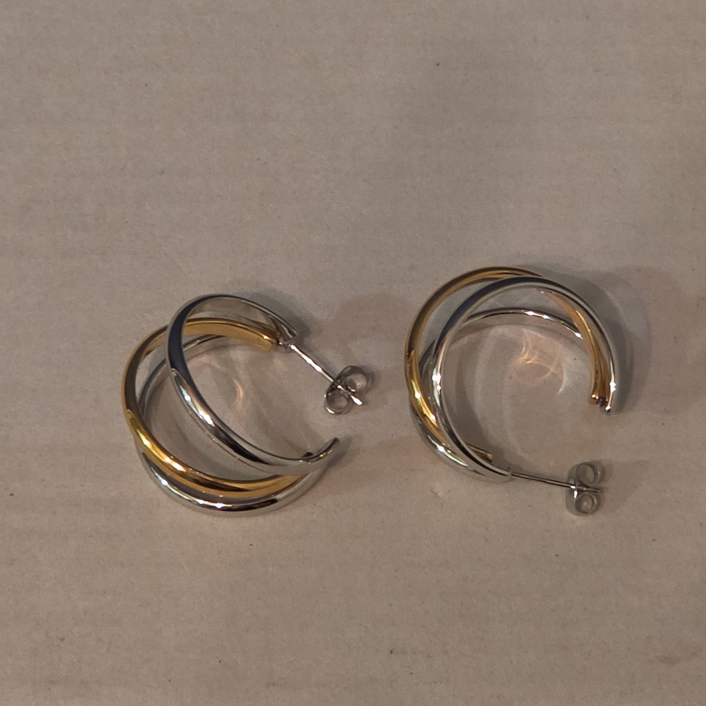 Triple Hoop Mixed Metal Gold Silver Tone Earrings Modern