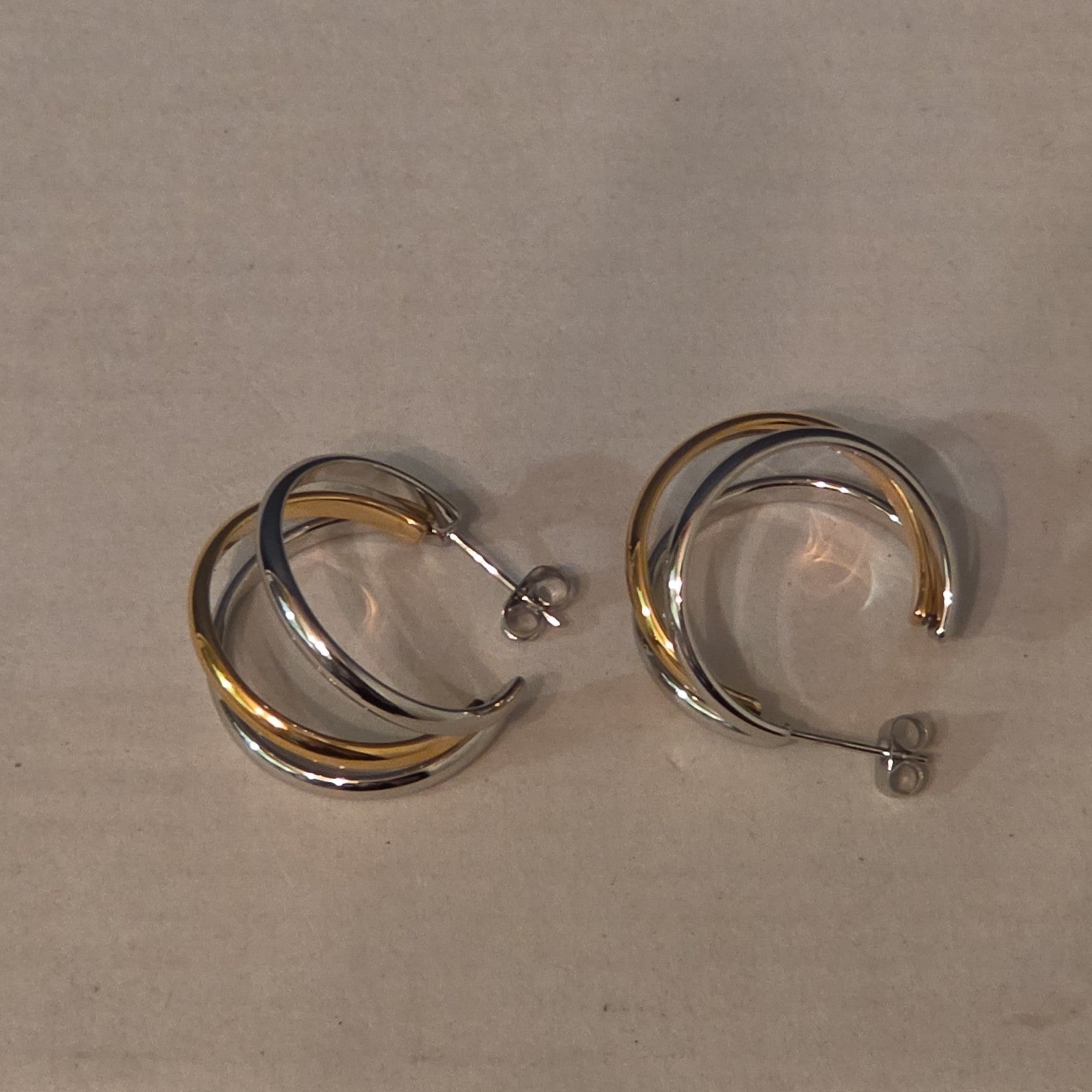 Triple Hoop Mixed Metal Gold Silver Tone Earrings Modern