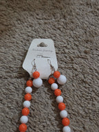 Chunky Bubblegum Bead Necklace Earring Set Orange White Retro