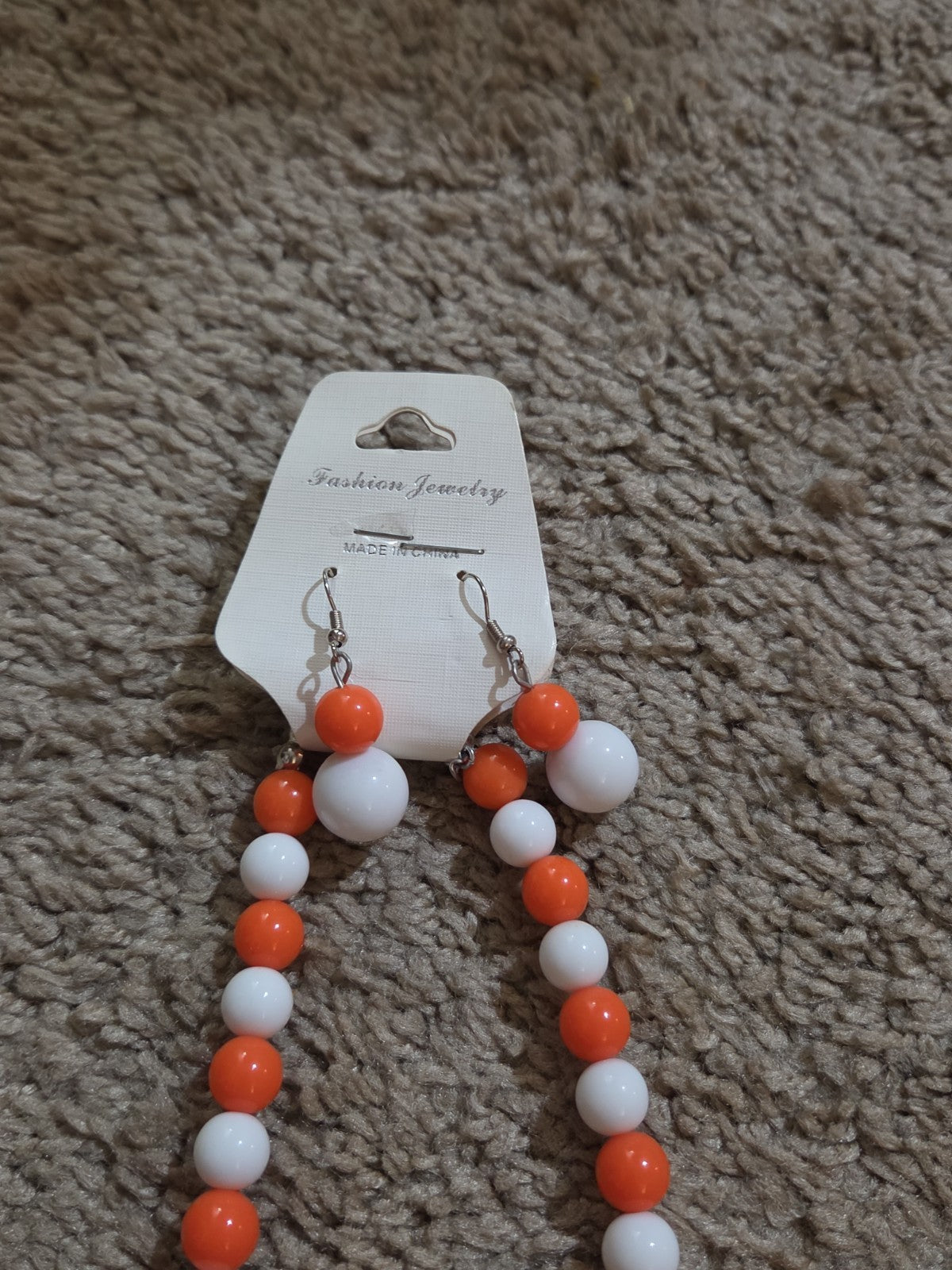 Chunky Bubblegum Bead Necklace Earring Set Orange White Retro