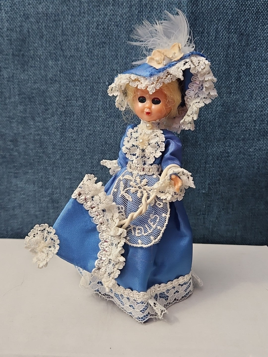 Vintage Brussels Souvenir Doll | 6" Belgium Blue Dress | "Bruxelles" Lace Apron