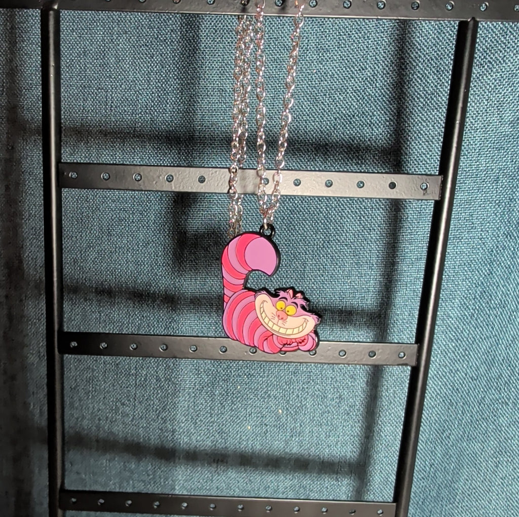 Cheshire Cat Necklace Pink Enamel Silver Tone Pop Culture