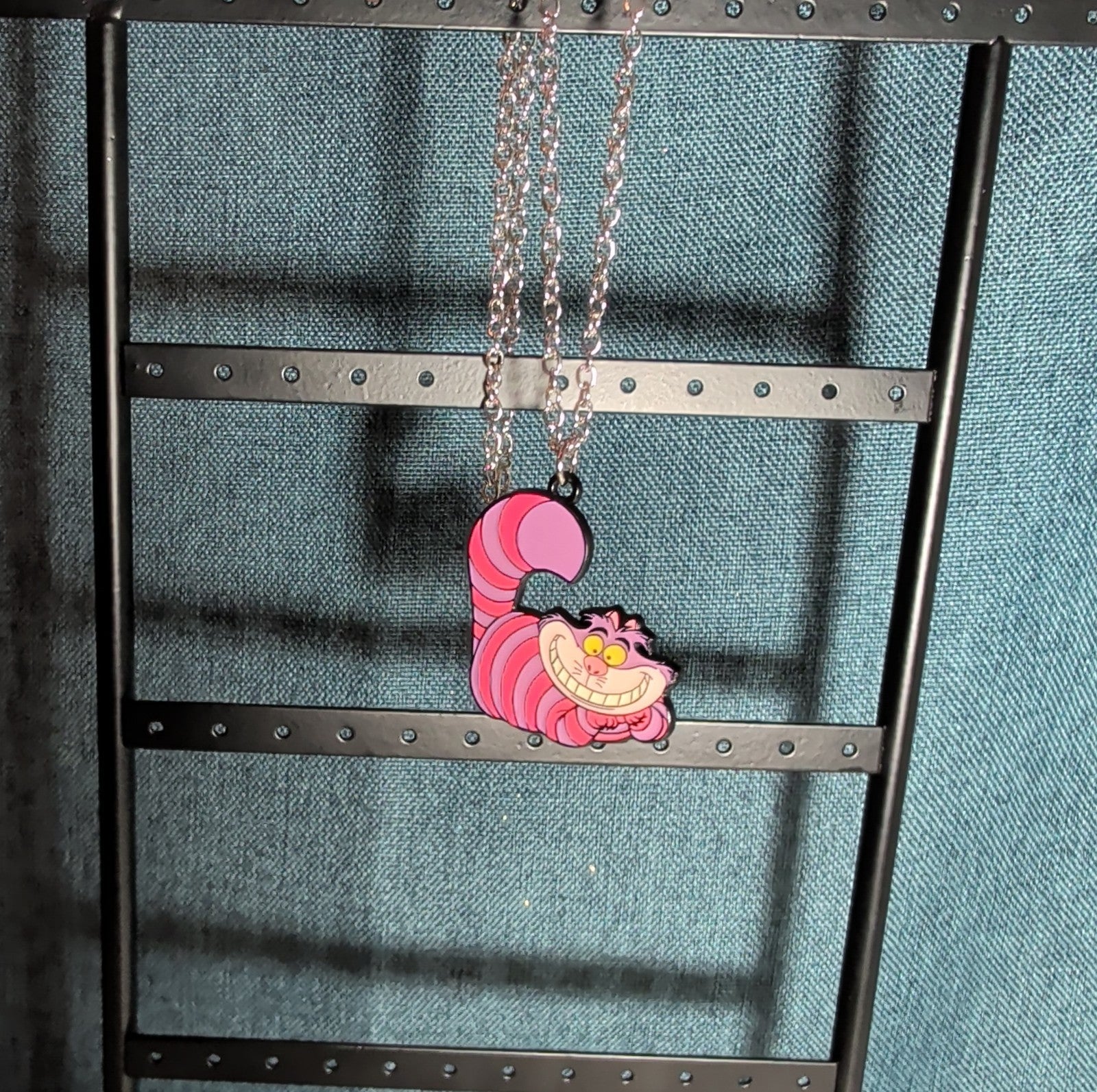 Cheshire Cat Necklace Pink Enamel Silver Tone Pop Culture