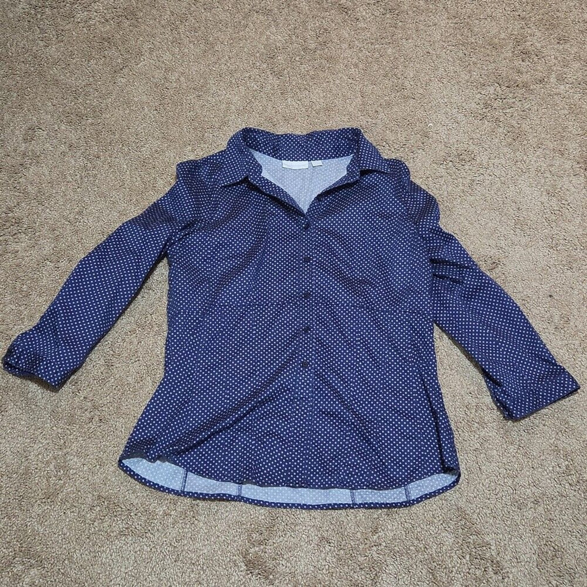 New York & Company Blouse Blue Polka Dot Button Down Office Wear Used Size L