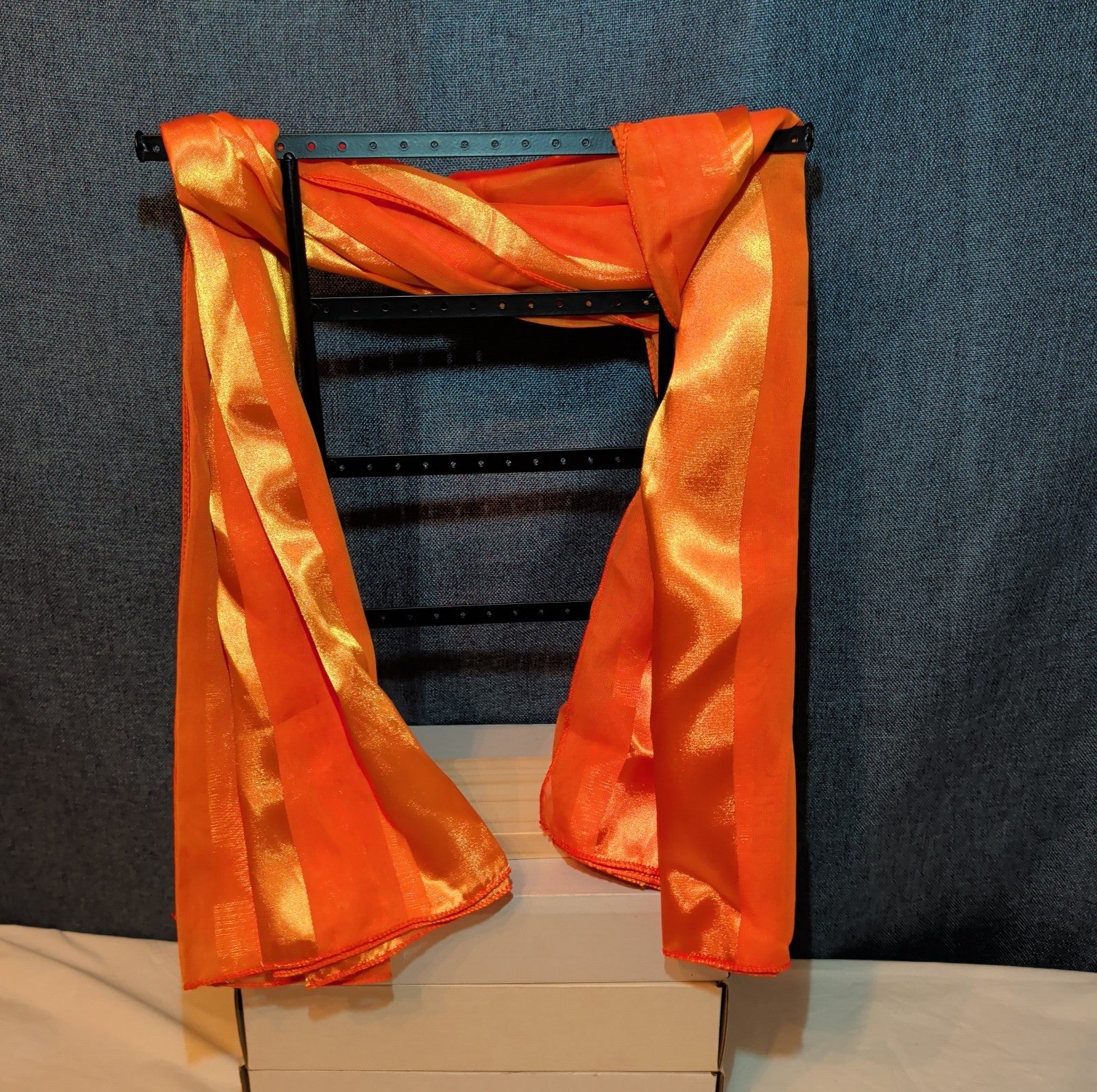 Vintage Orange Striped Scarf Sheer Satin Oblong Rectangular Wrap Retro