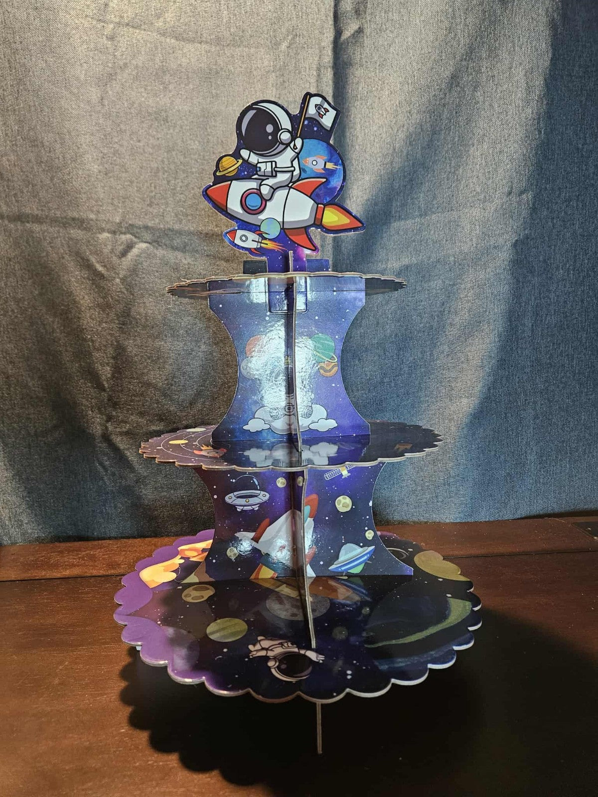 Outer Space 3-Tier Cupcake Stand LED Light Rocket Astronaut Birthday Party Decor