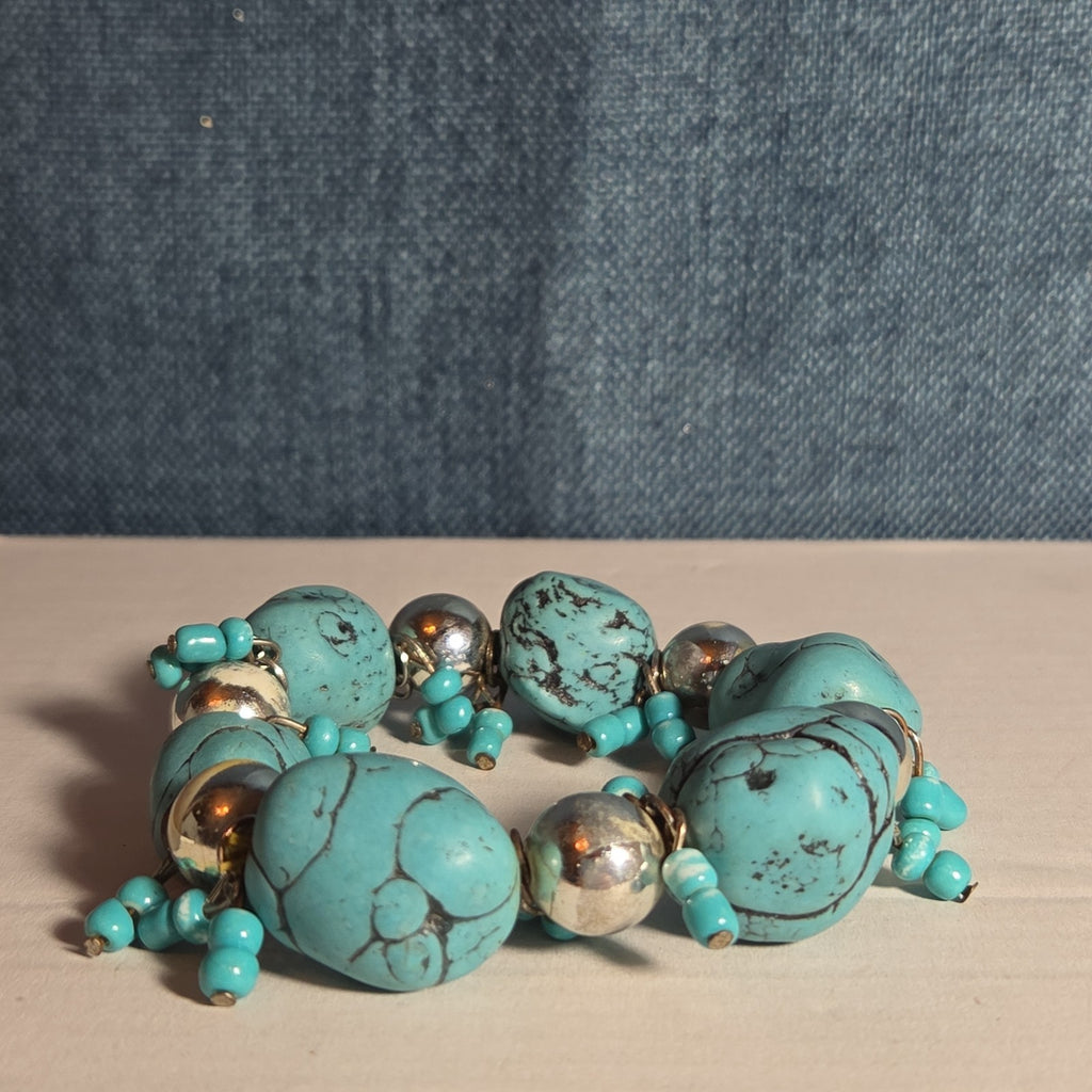 Chunky Faux Turquoise Silver Tone Stretch Bracelet Boho Y2K NWOT