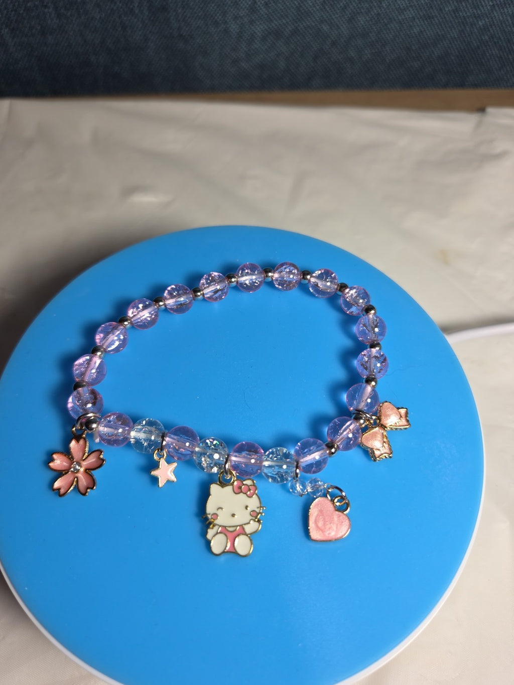 Kawaii Kitty Pink Beaded Stretch Charm Bracelet Y2K