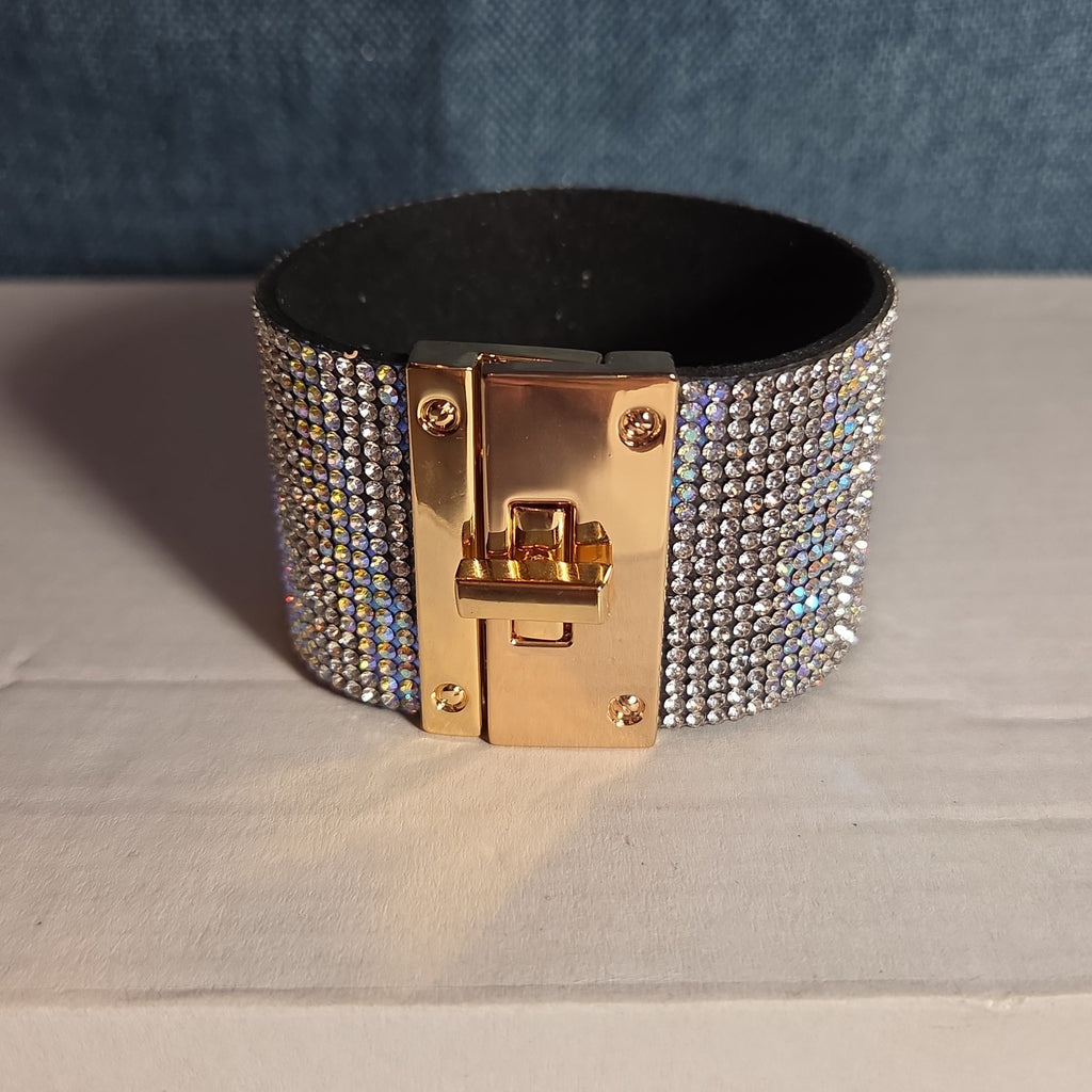 Rhinestone Wide Cuff Bracelet AB Crystal Gold Tone Y2K Glam Style NWOT