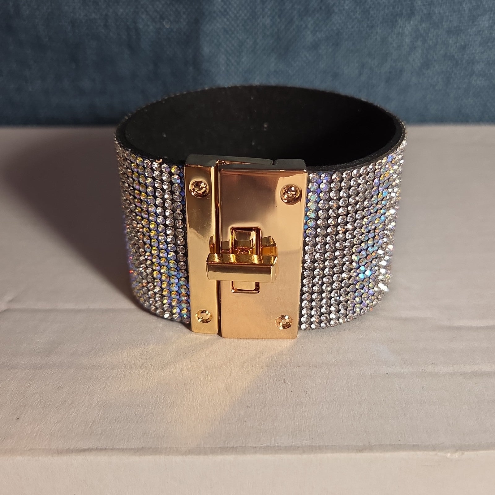 Rhinestone Wide Cuff Bracelet AB Crystal Gold Tone Y2K Glam Style NWOT