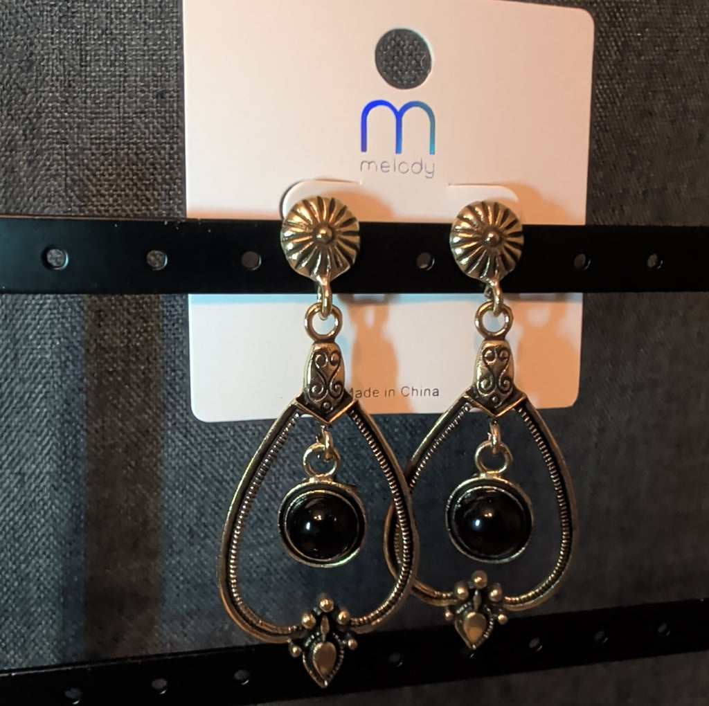Melody Boho Western Dangle Earrings Gold Tone Black Bead Vintage Vibe