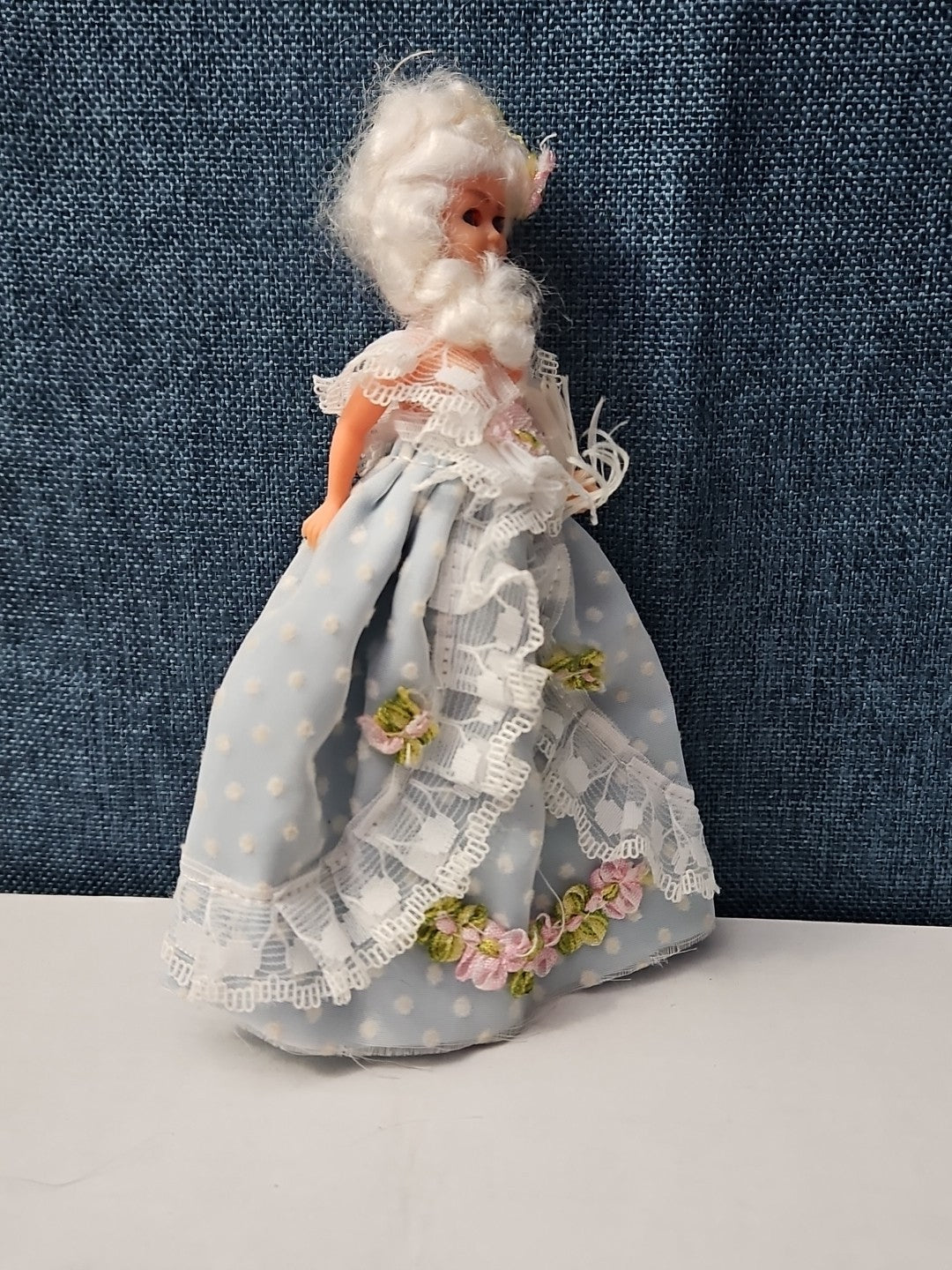 Vintage 5.5" Costume Doll | Blue Polka Dot Rococo Dress | Hard Plastic Souvenir