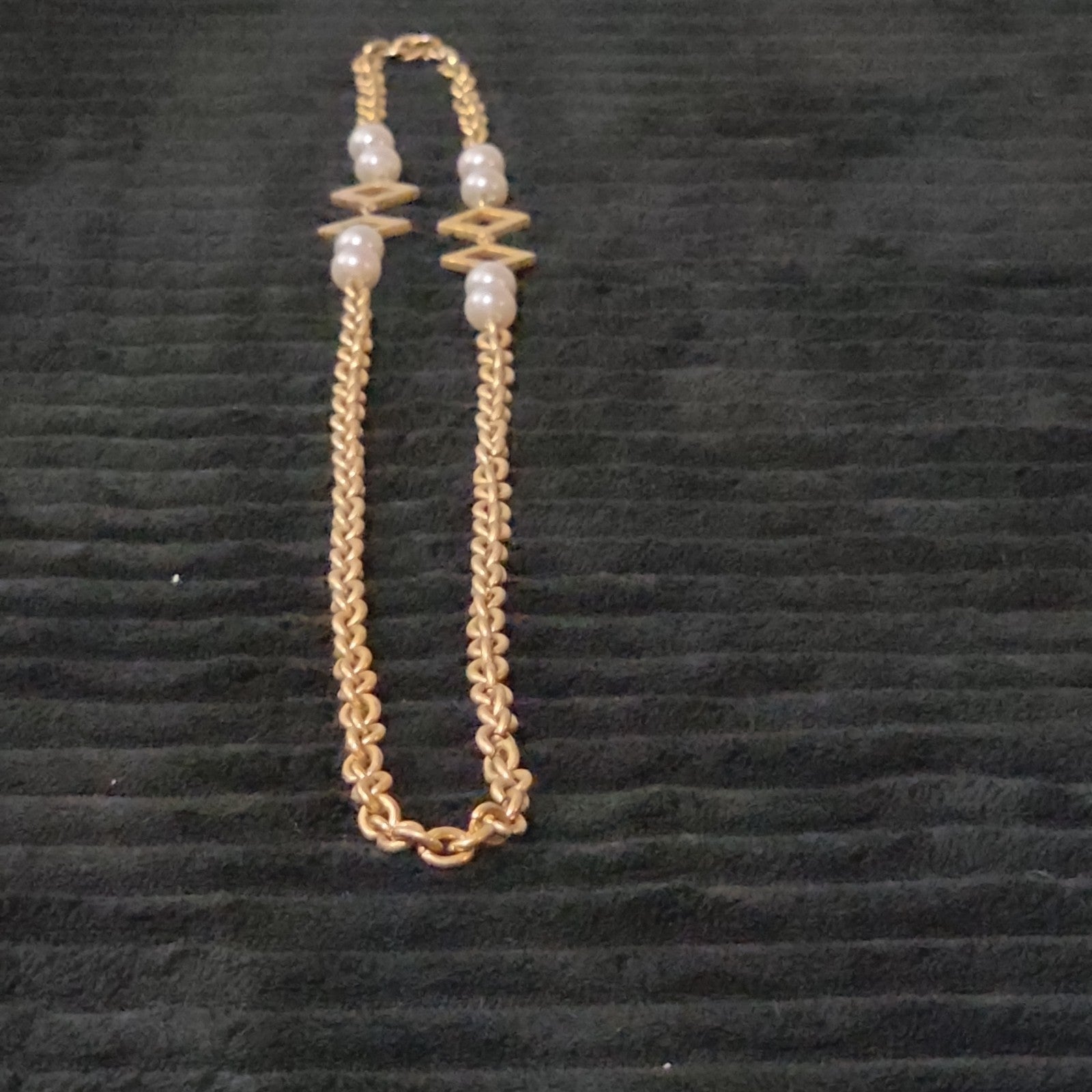 Vintage Gold Tone Geometric Necklace Long Pearl Station Diamond Link Chain 32"