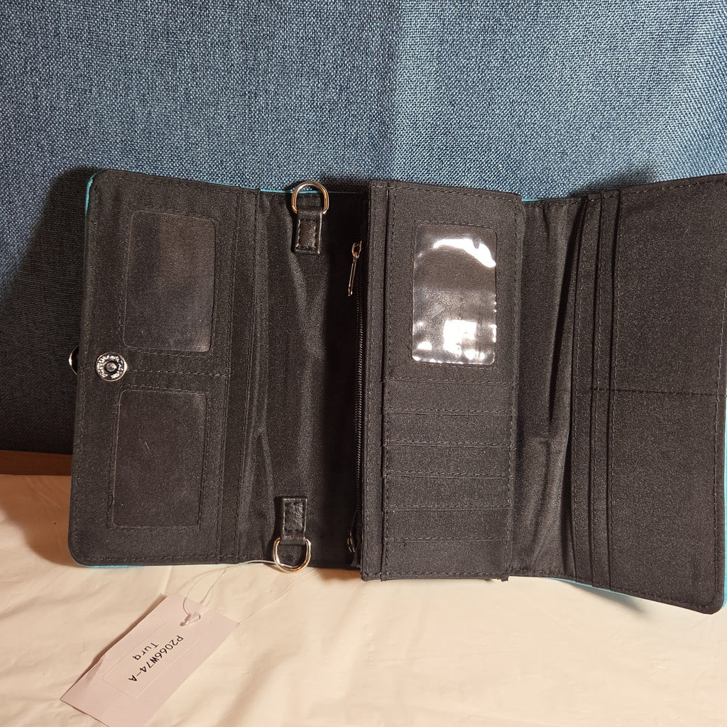 Turquoise Western Buckle Floral Trifold Crossbody Wallet NWT