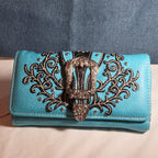 Turquoise Western Buckle Floral Trifold Crossbody Wallet NWT
