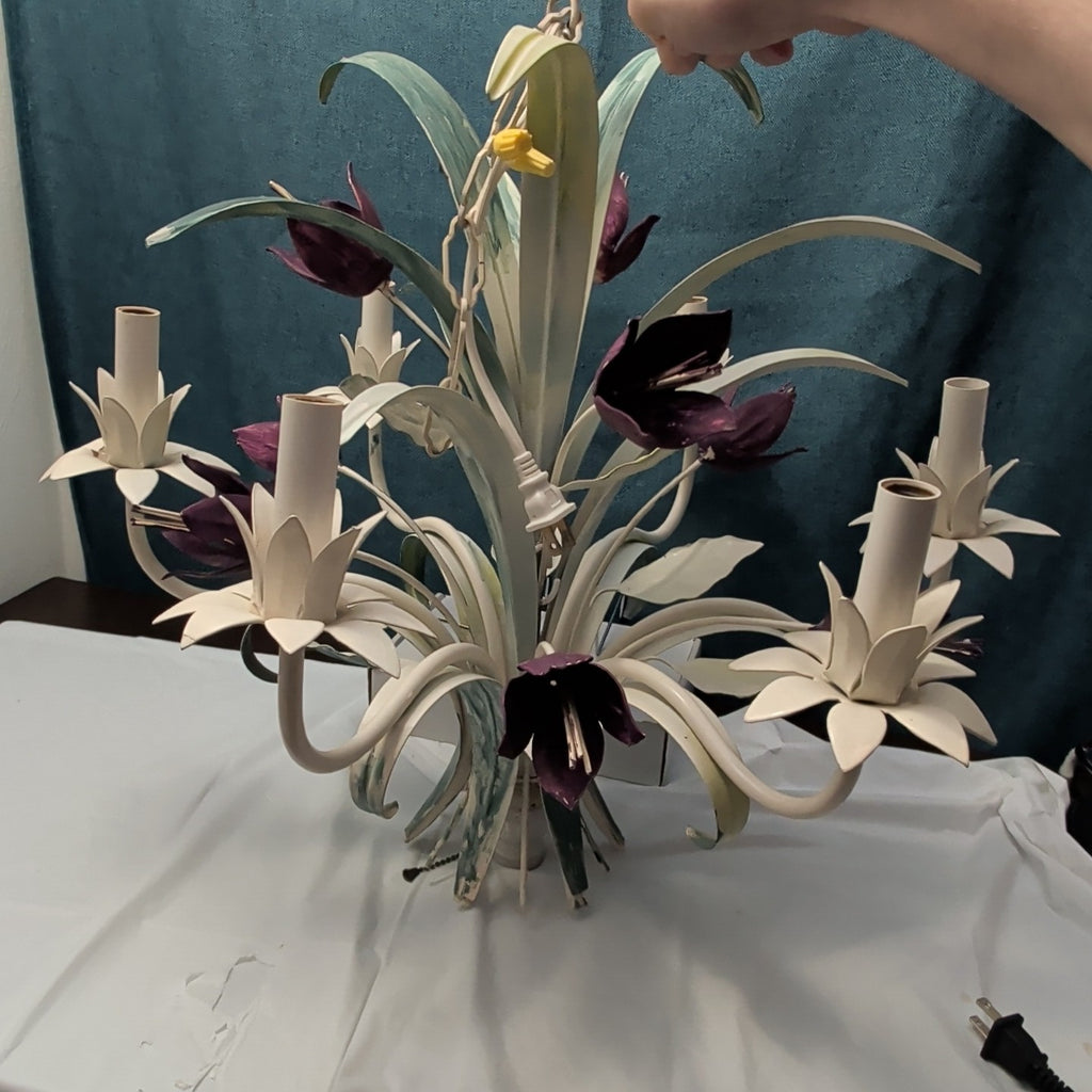 Vintage Floral Chandelier 6-Arm | Purple Tulips MCM | Hollywood | Tested