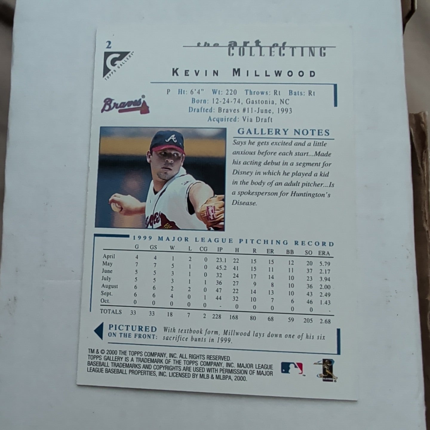 2000 Topps Gallery Kevin Millwood #2 Atlanta Braves Pitcher Canvas Art