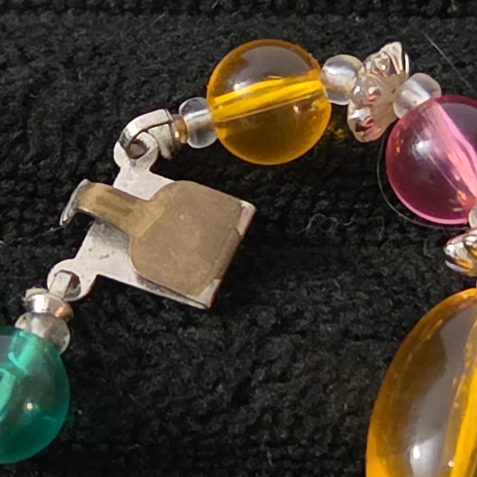 Vintage Rainbow Lucite Bead Necklace Long Opera 35 Inch Multi Color Silver Caps