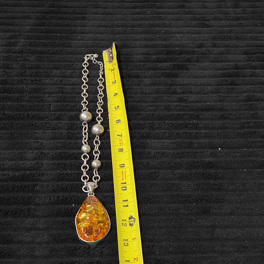 Vintage Faux Amber Necklace Clip On Earrings Set Silver Tone Teardrop Shimmer