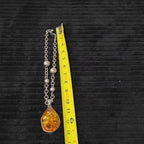 Vintage Faux Amber Necklace Clip On Earrings Set Silver Tone Teardrop Shimmer