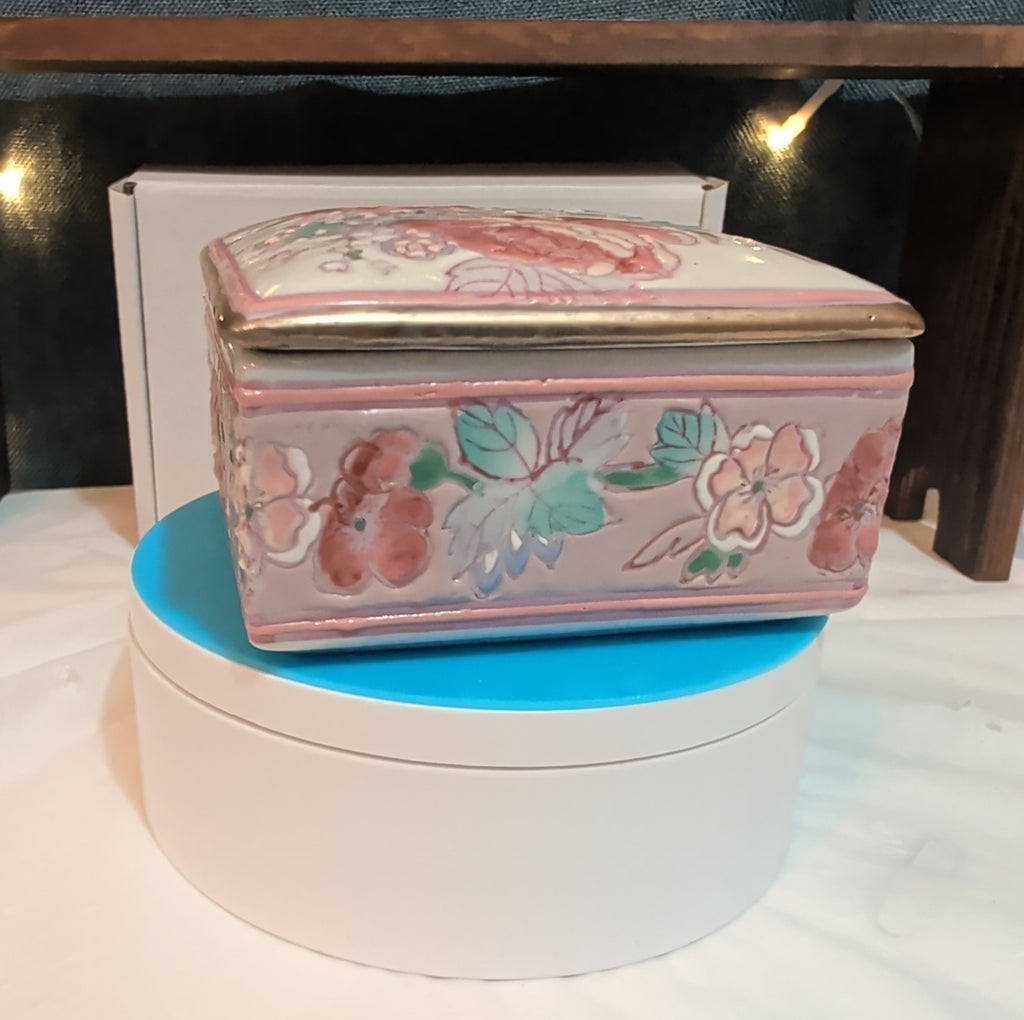 Vintage Pink Floral Porcelain Square Trinket Box Grandmillennial PreOwned