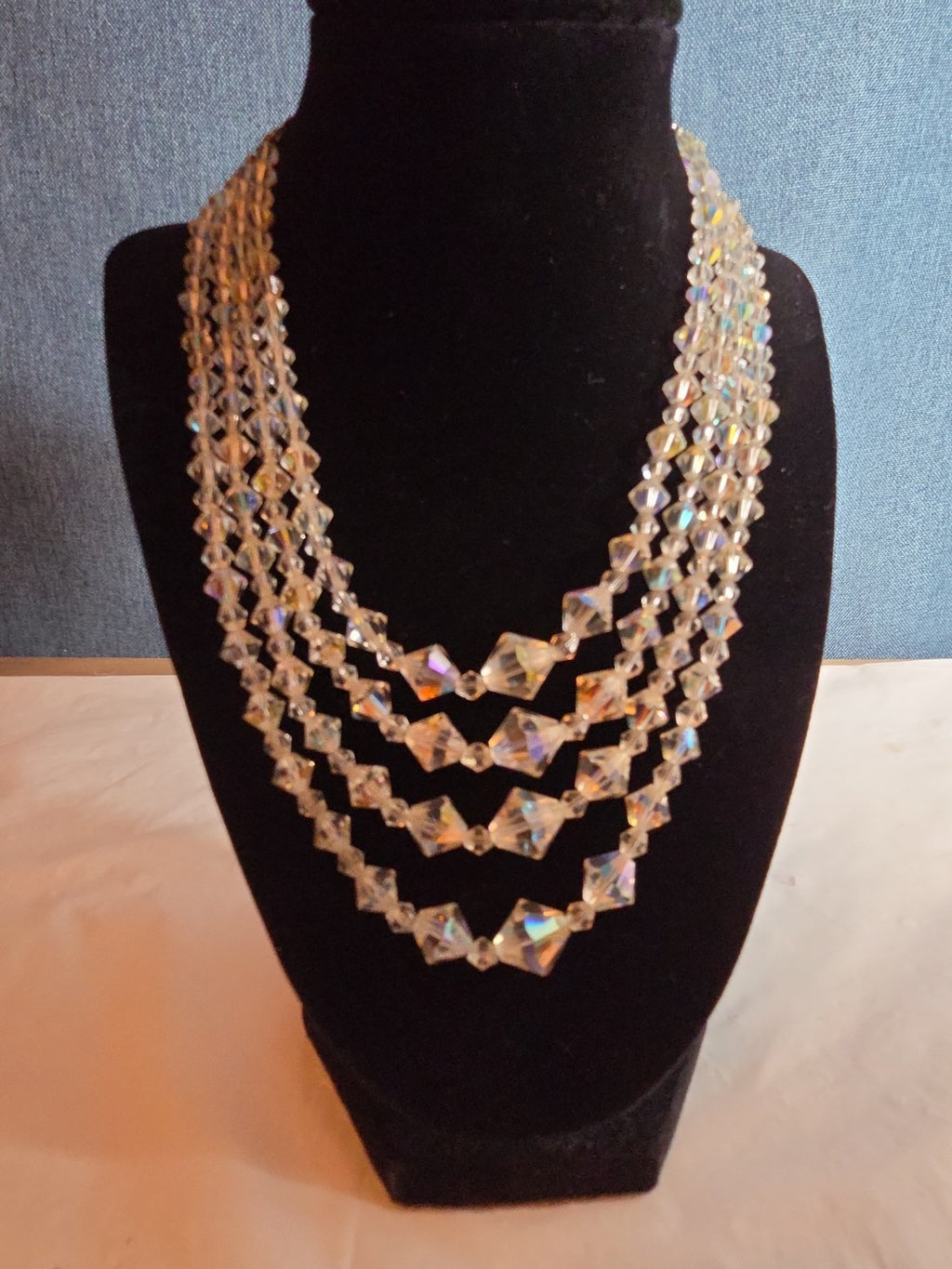 Deltah 4-Strand Aurora Borealis Crystal Necklace Vintage Glam