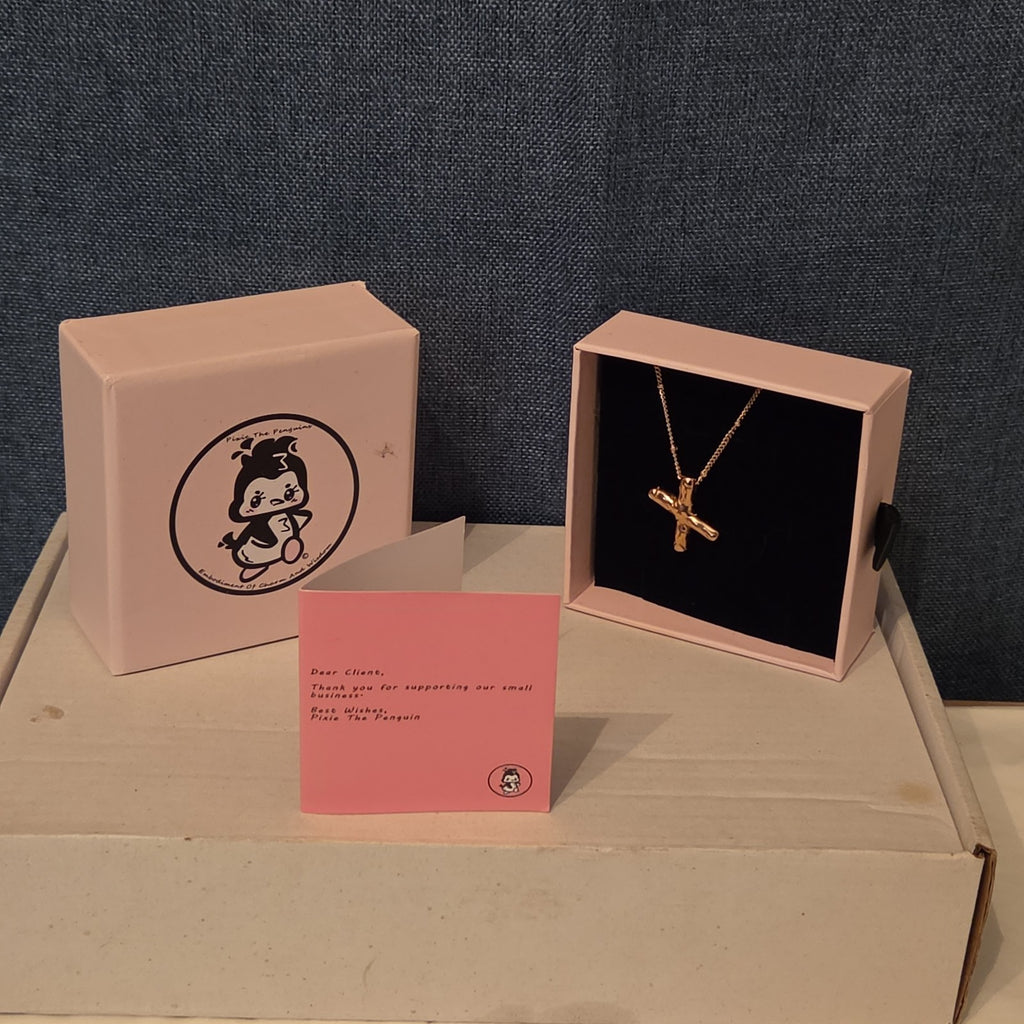 Pixie The Penguin Letter X Necklace Rose Gold Tone Puffy Coquette NIB