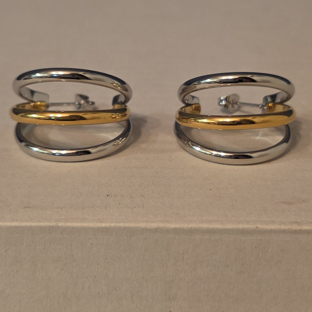 Triple Hoop Mixed Metal Gold Silver Tone Earrings Modern