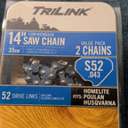 TriLink 14 Inch Chainsaw Chain 2 Pack S52 .043 52 Drive Links Husqvarna Poulan