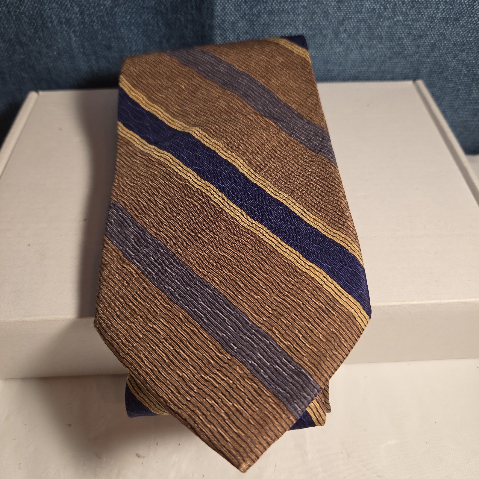 J.Z. Richards Silk Tie Edwards Michigan Brown Blue Stripe Frayed As Is Vest Tie