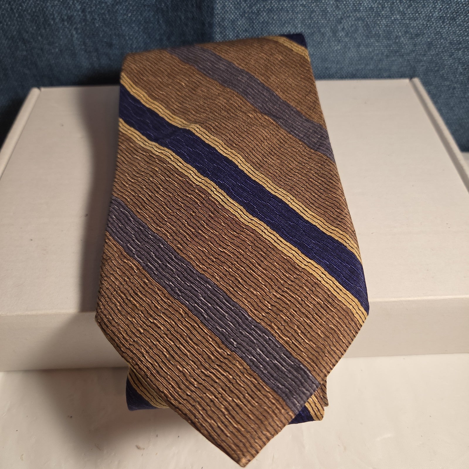 J.Z. Richards Silk Tie Edwards Michigan Brown Blue Stripe Frayed As Is Vest Tie