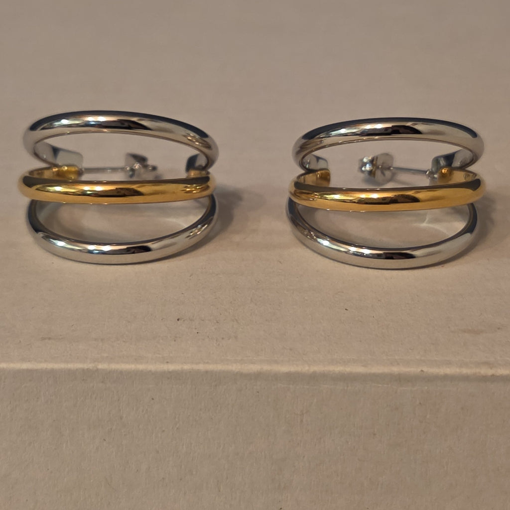 Triple Hoop Mixed Metal Gold Silver Tone Earrings Modern