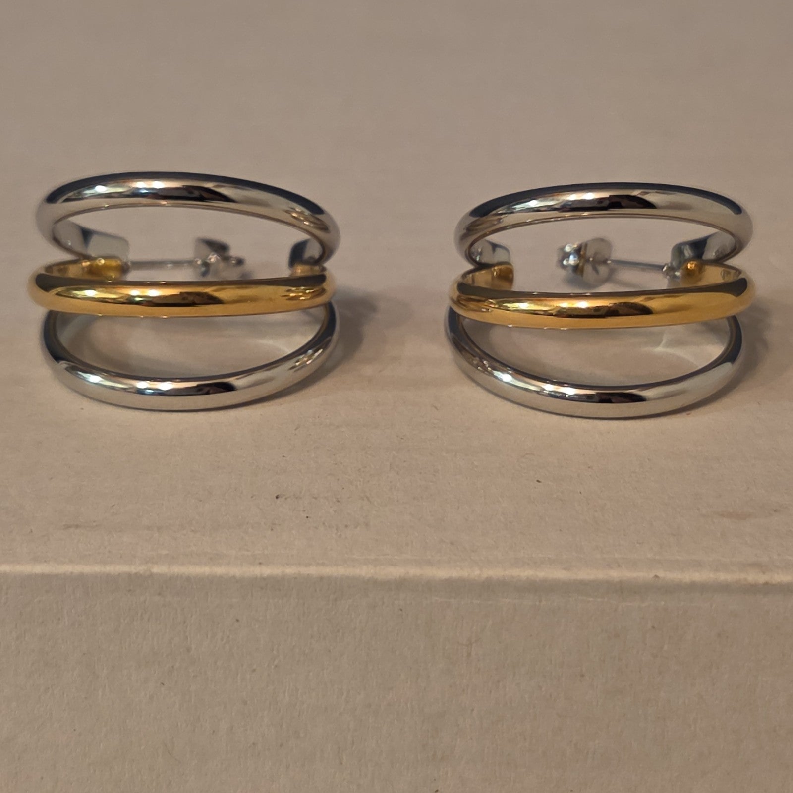 Triple Hoop Mixed Metal Gold Silver Tone Earrings Modern